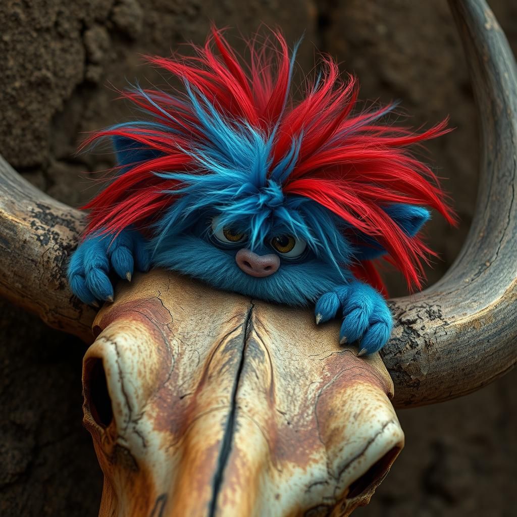 Fluffy Blue Monster Portrait with Cow Skull