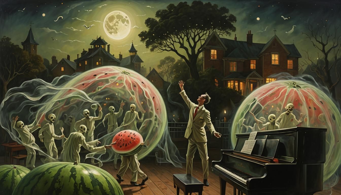 Watermelon Man's Surreal Dance: An Ethereal Oil Painting