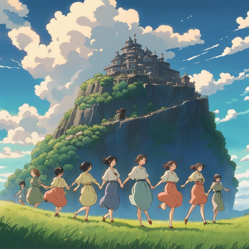 Women Dancing on Hill in Anime Style