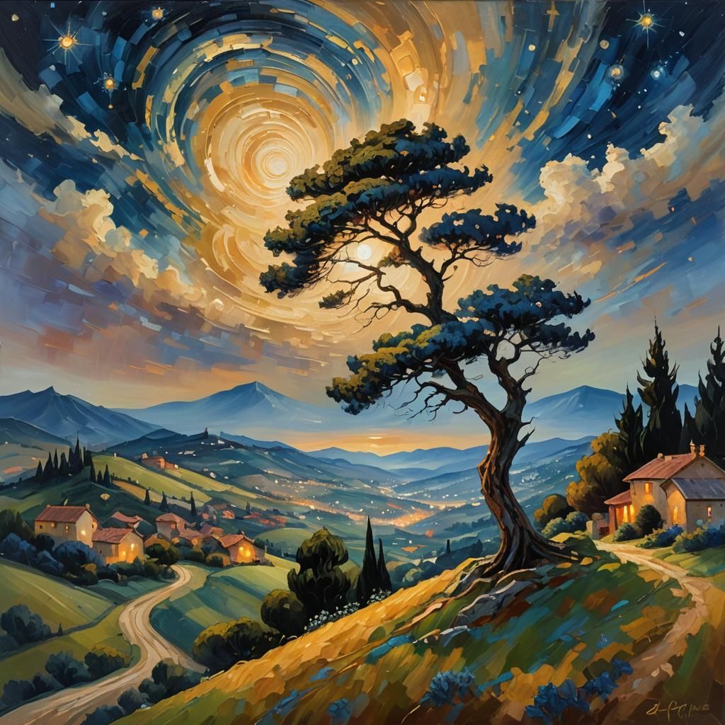 Impressionist Cypress Under Starry Night Sky