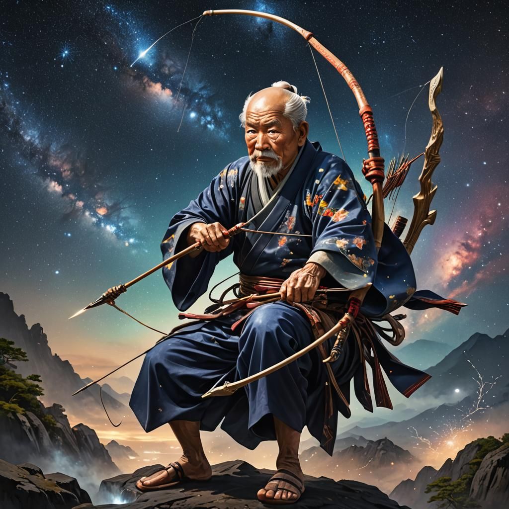 Japanese Archer Under Milky Way: Hyperrealistic Splash Art