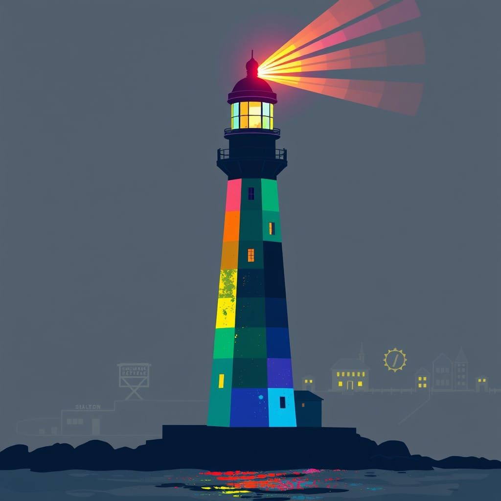 Vibrant Lighthouse Shines in a Grey City