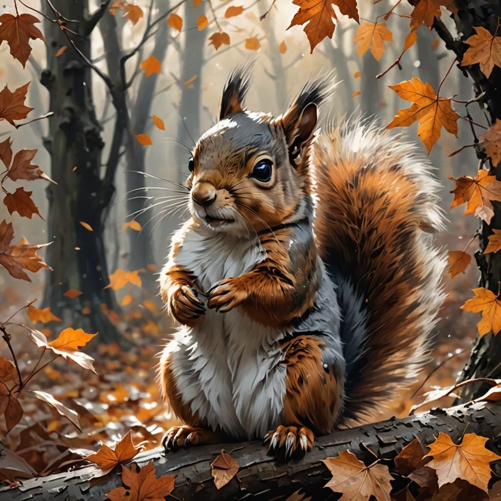 Adorable Baby Squirrel in Autumnal Oil Painting