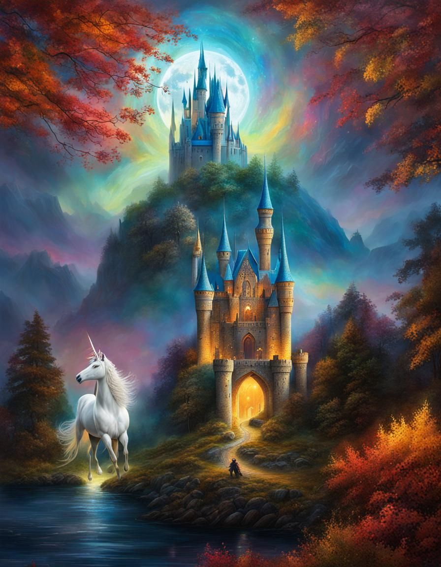Fall Castle Scene in Holographic Astral Style