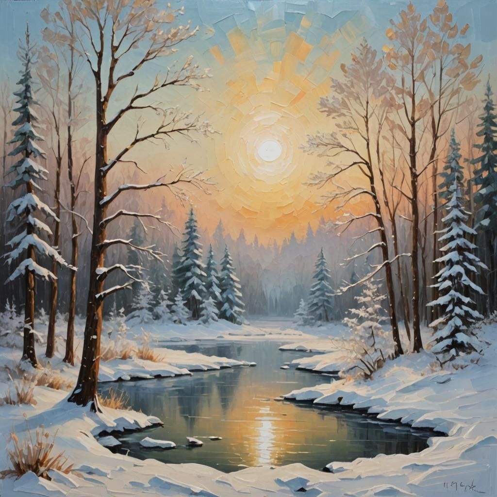 Winter Wonderland Impasto Painting at Golden Hour