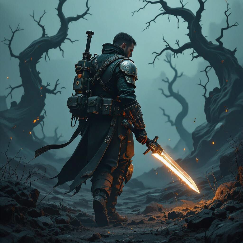 Soldier Navigating Mechanical Wasteland in Industrial Style