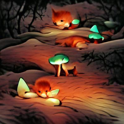 Foxes Sleeping in a Glowing Mushroom Forest