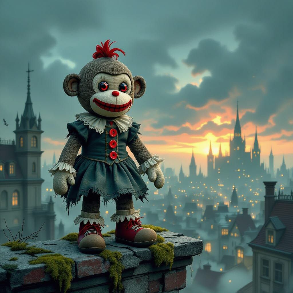 Gothic Sock Monkey on Parapet Overlooking Eerie City