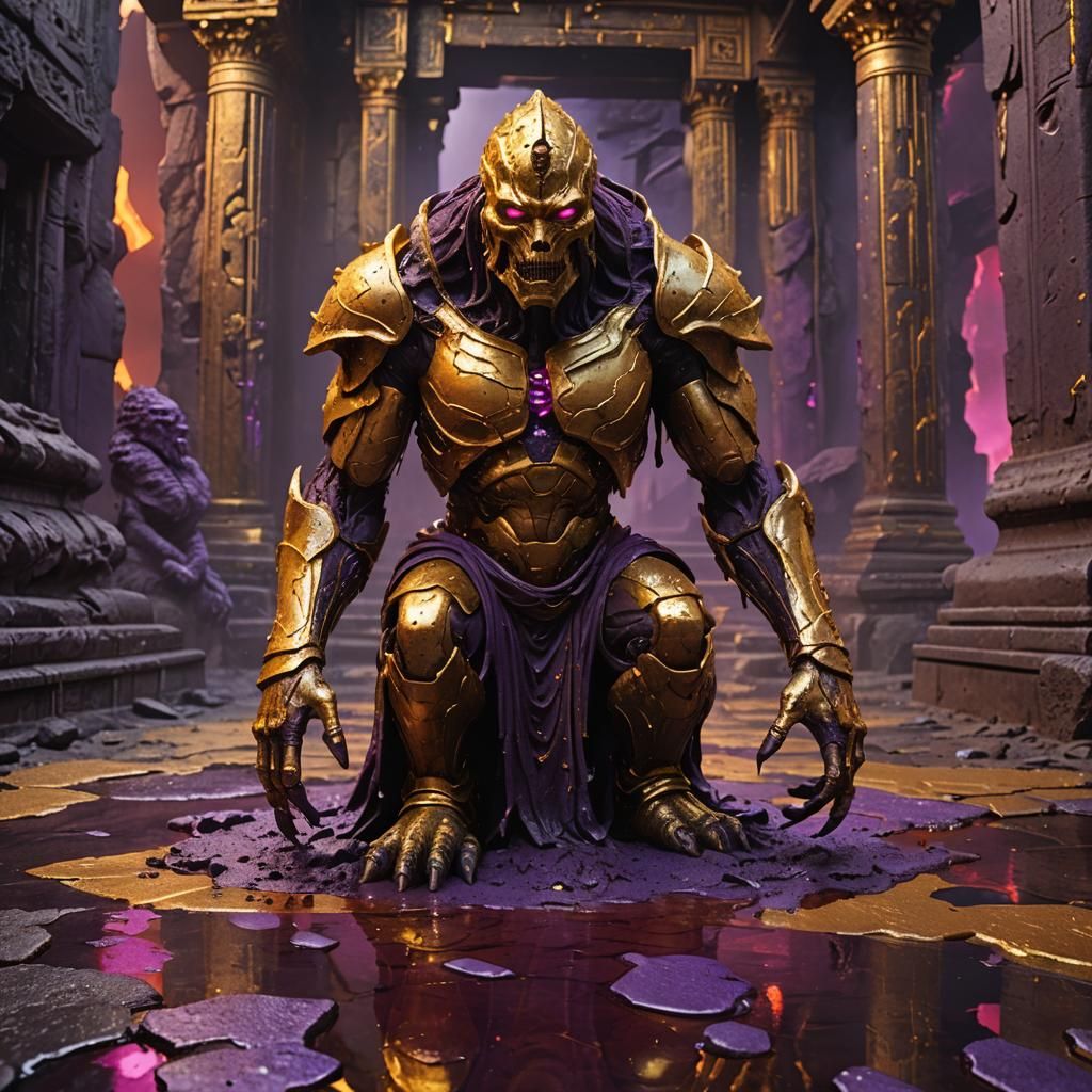 Golden Lava Golem Statue in Ruined Temple