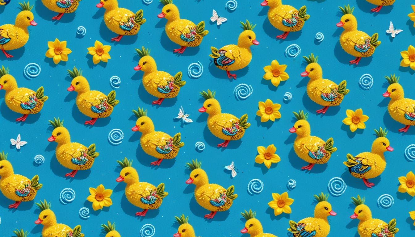 Neon Pineapple Ducks in Flower Meadow, 3D Render
