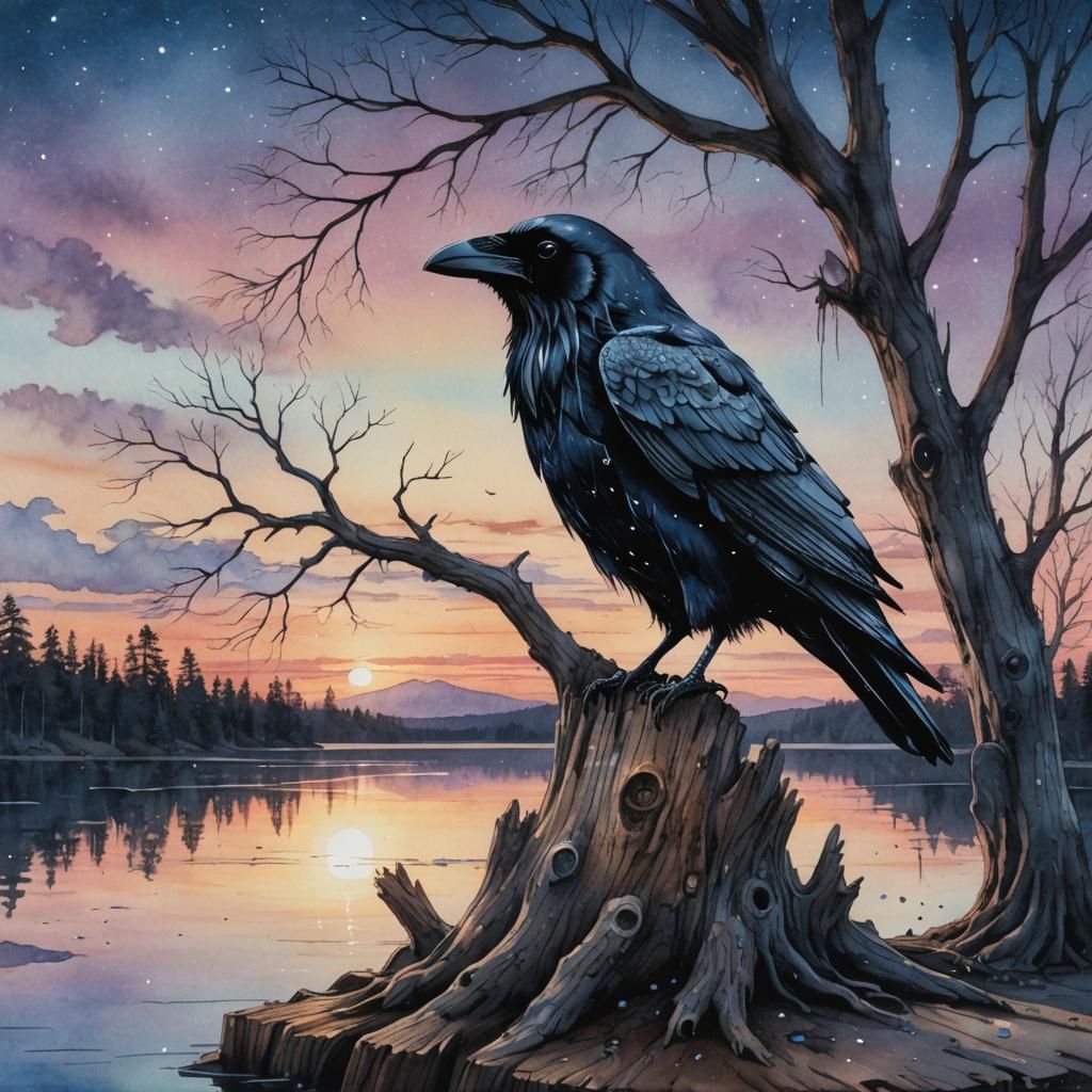 Bioluminescent Crystal Raven Watercolor at Sunset