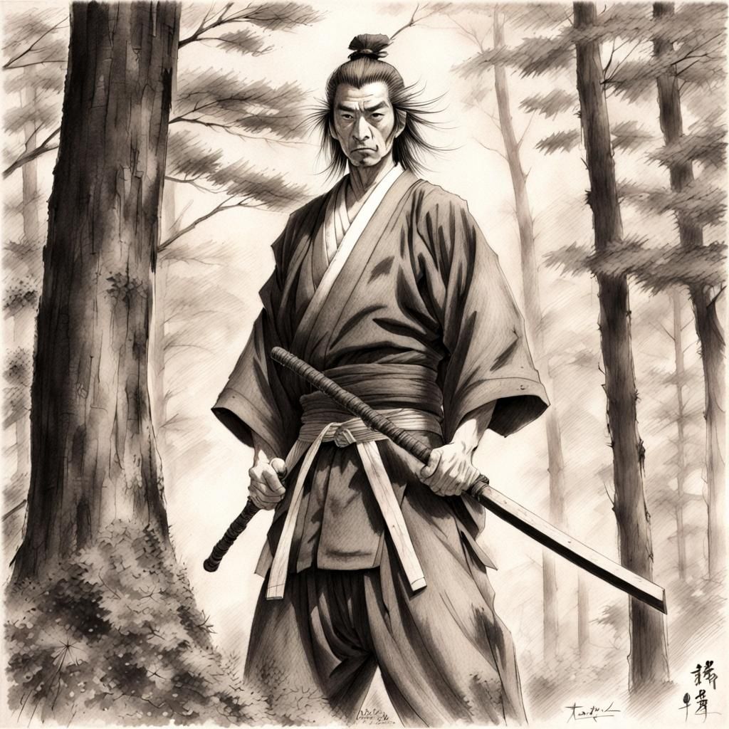 Miyamoto Musashi in Forest, Manga Pencil Art
