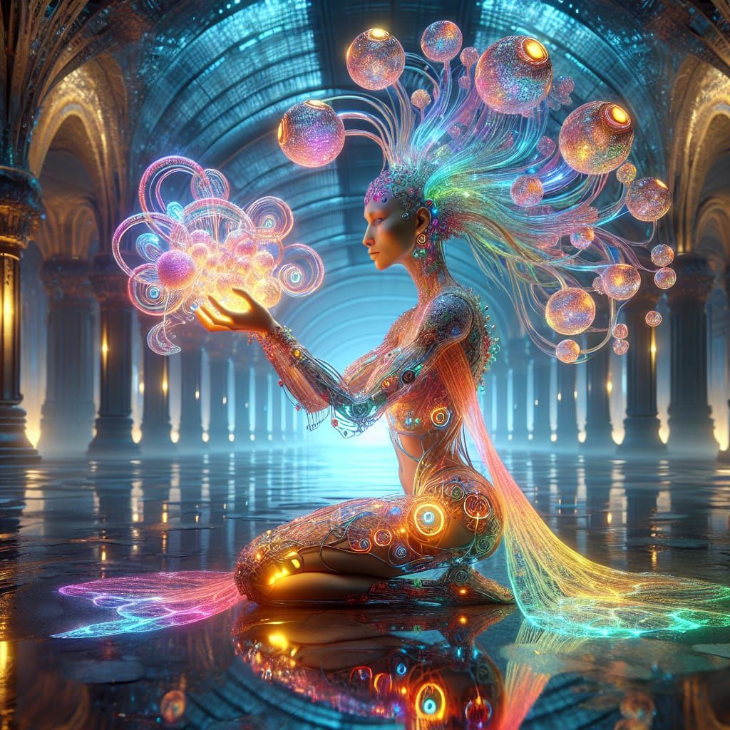 Futuristic Woman with Glowing Objects in Surreal Setting