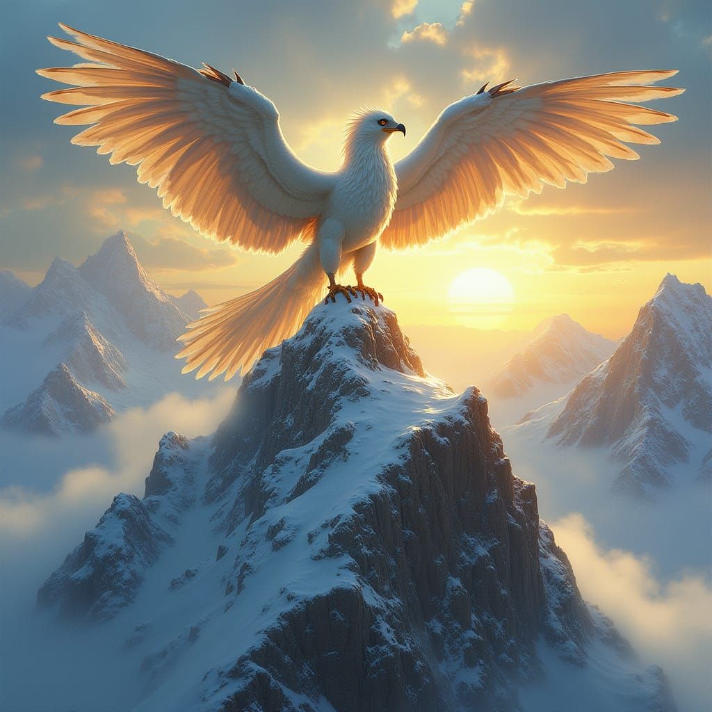 Griffin Perched Atop Snowy Mountain Peak