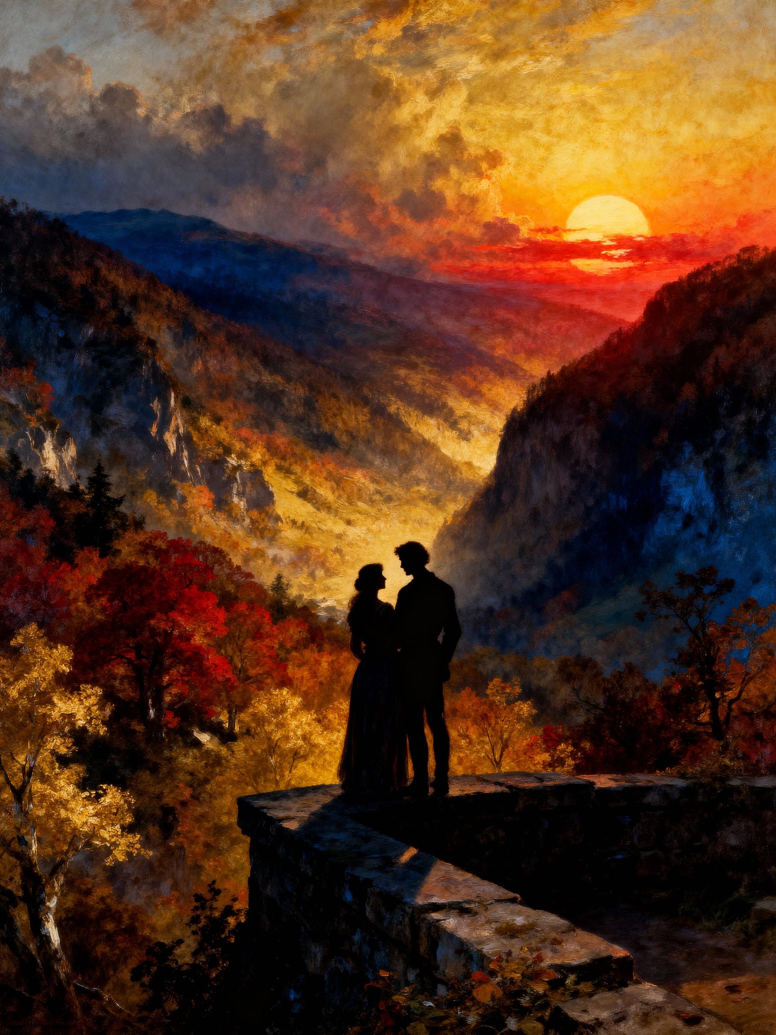 19th Century Romantic Painting of Sunrise Sunset Over Autumn...