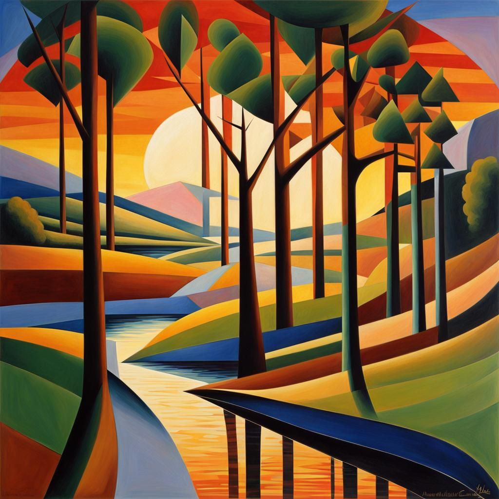 Abstract Sunset Stream Painting in Cubist Style
