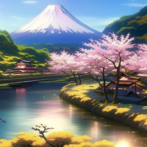 Japanese Village with Mount Fuji in Anime Style