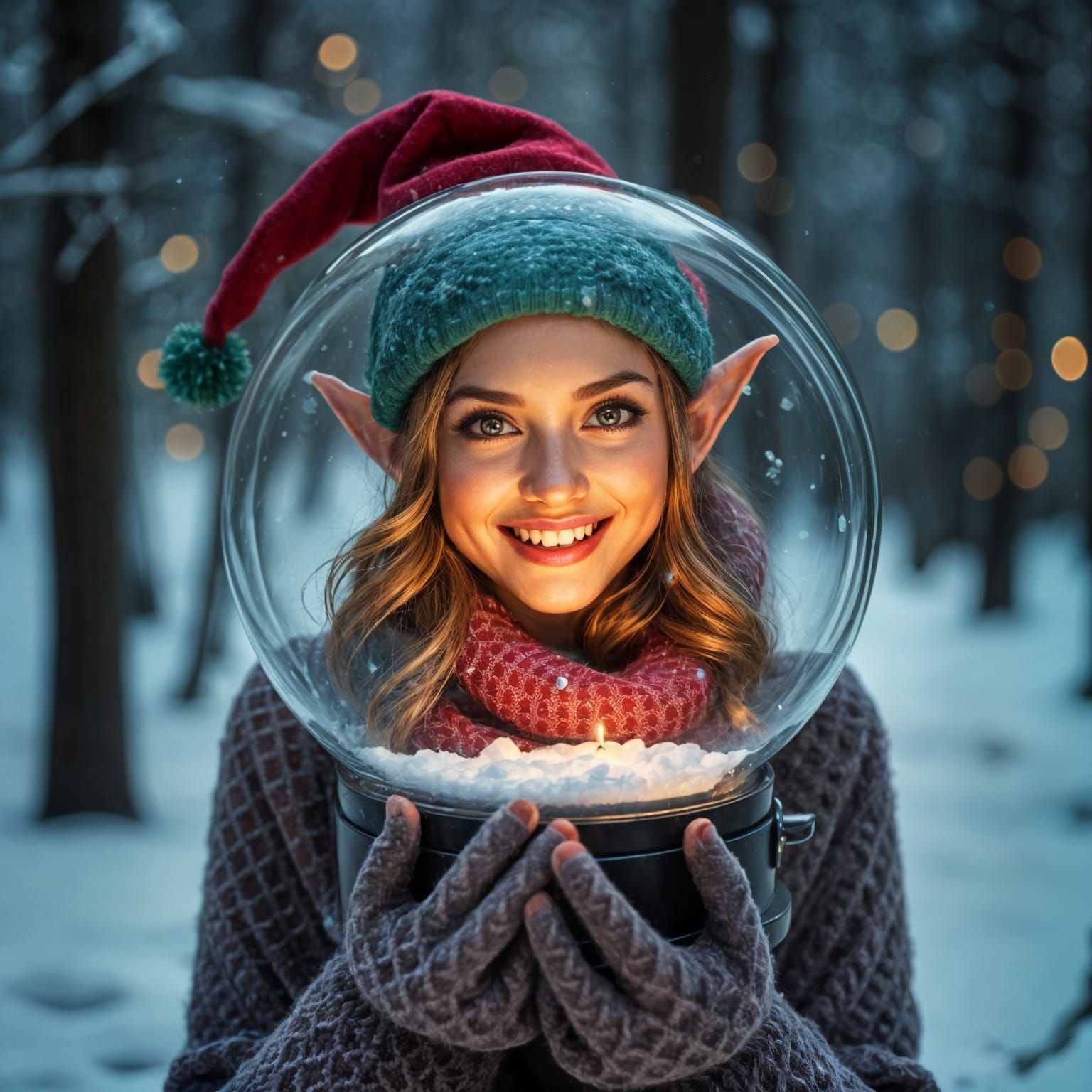 Cute Elf Woman in Snow Globe, Hyperrealistic Style