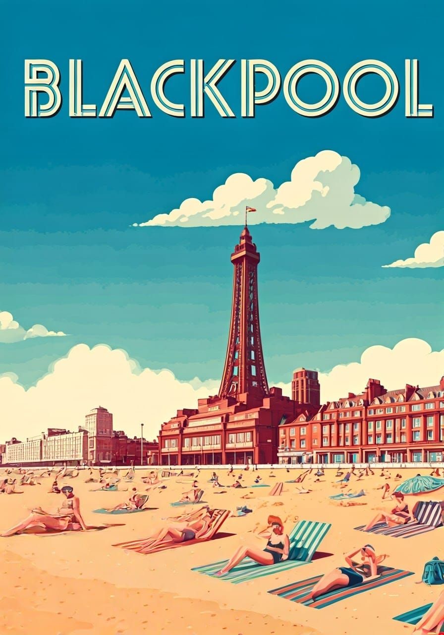 Retro Blackpool Beach Seaside Art Deco Poster