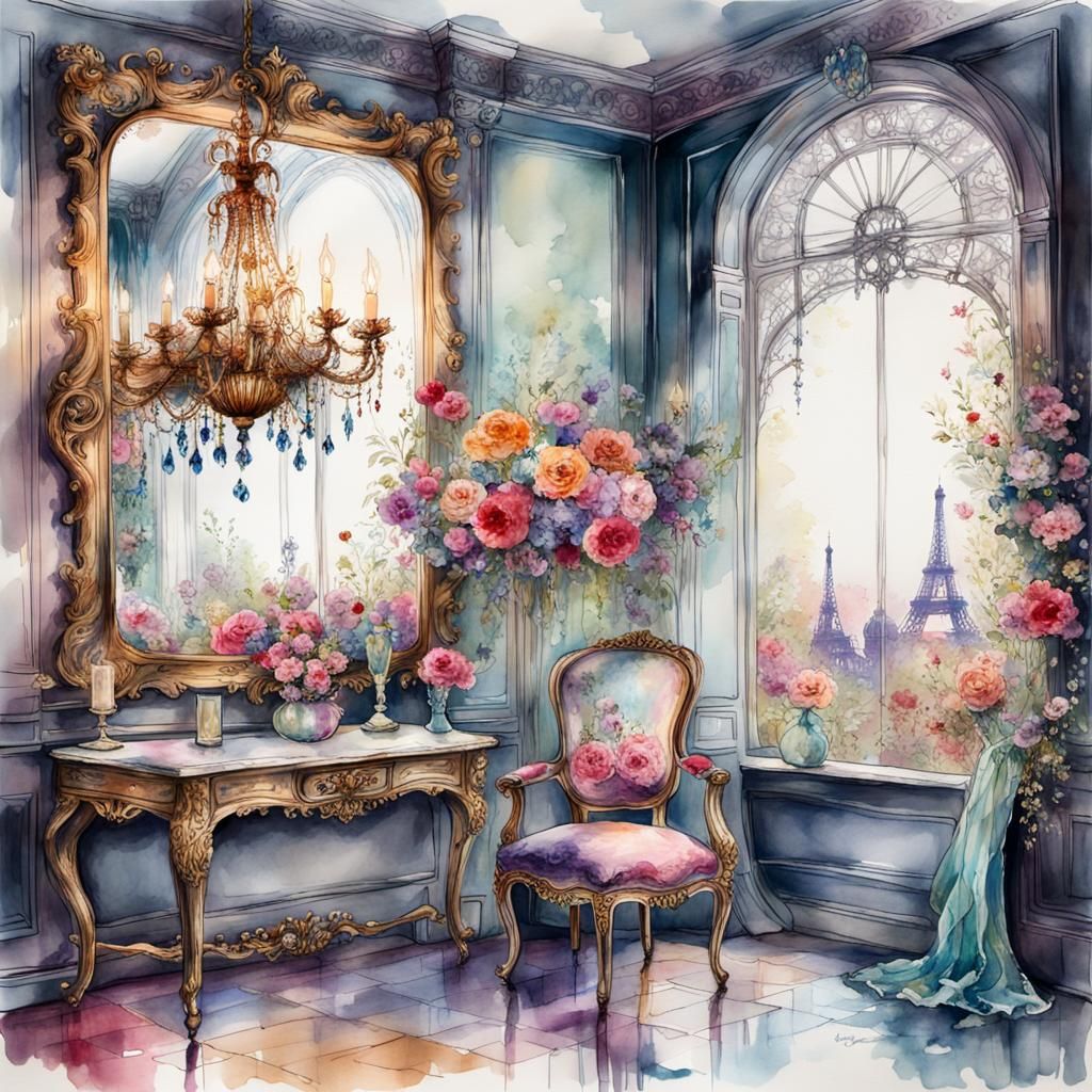 Opulent Parisian Boudoir in Hyperreal Watercolor
