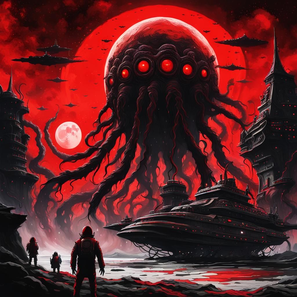 Eldritch Monsters Invade Spaceship: Ink Wash Painting