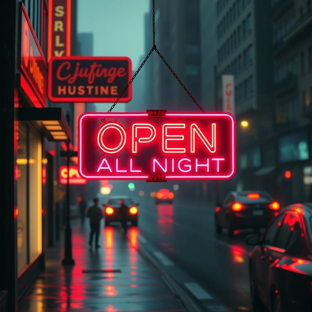 Neon Sign of Open All Night in Futuristic Style