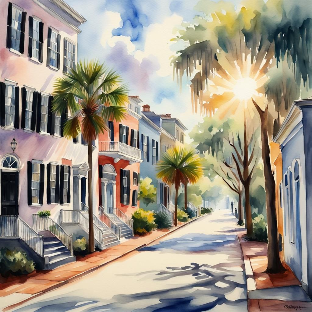 Watercolor Street Scene in Sunny Charleston