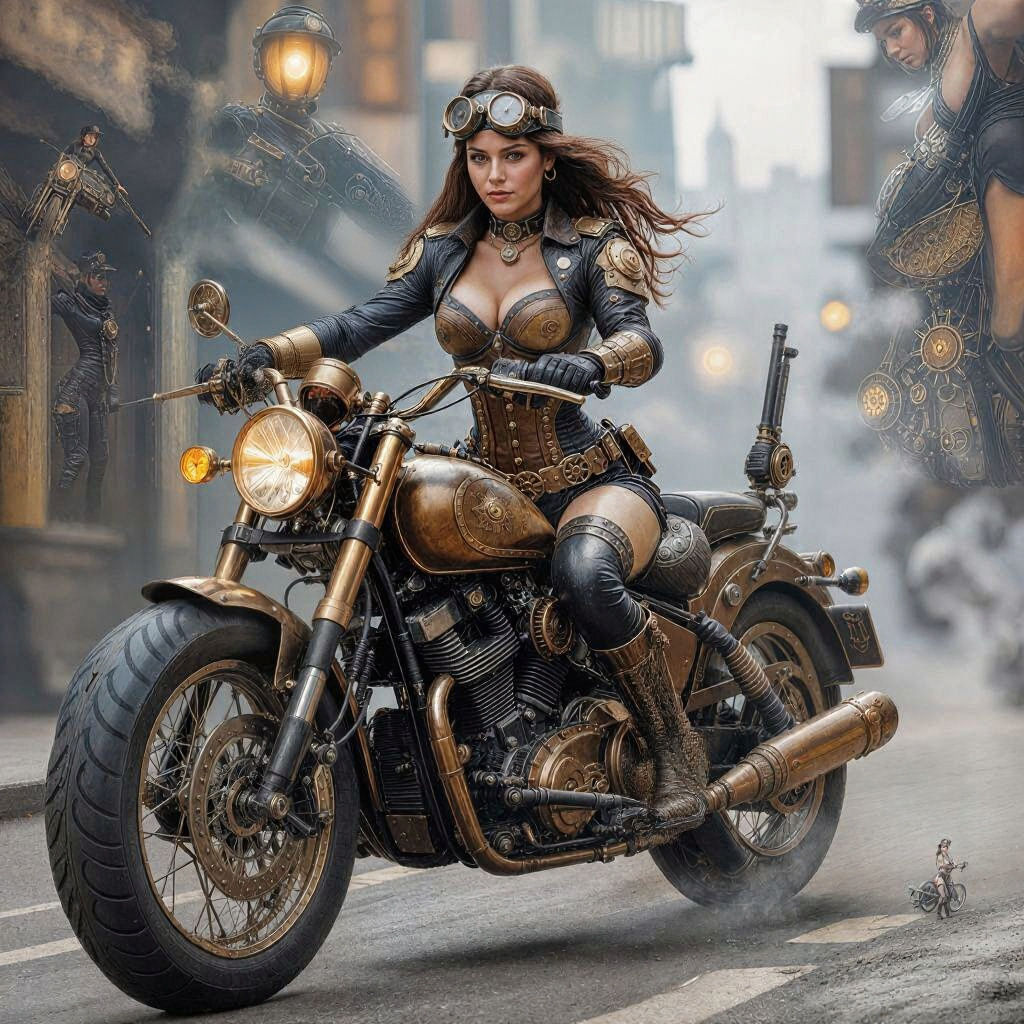 Steampunk Motorcycle Police on Chopper Bike