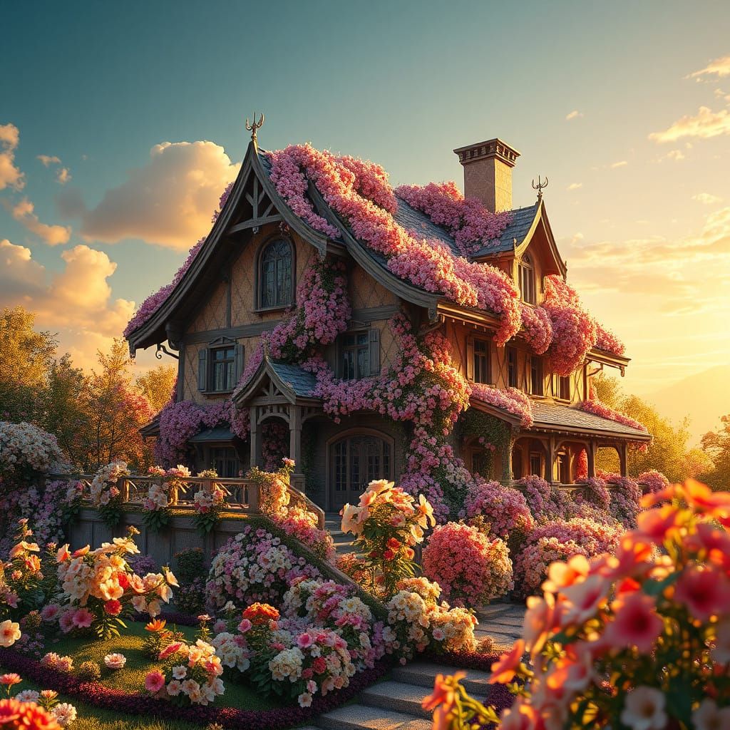 A Majestic House Surrounded by Vibrant Blooming Flowers in E...