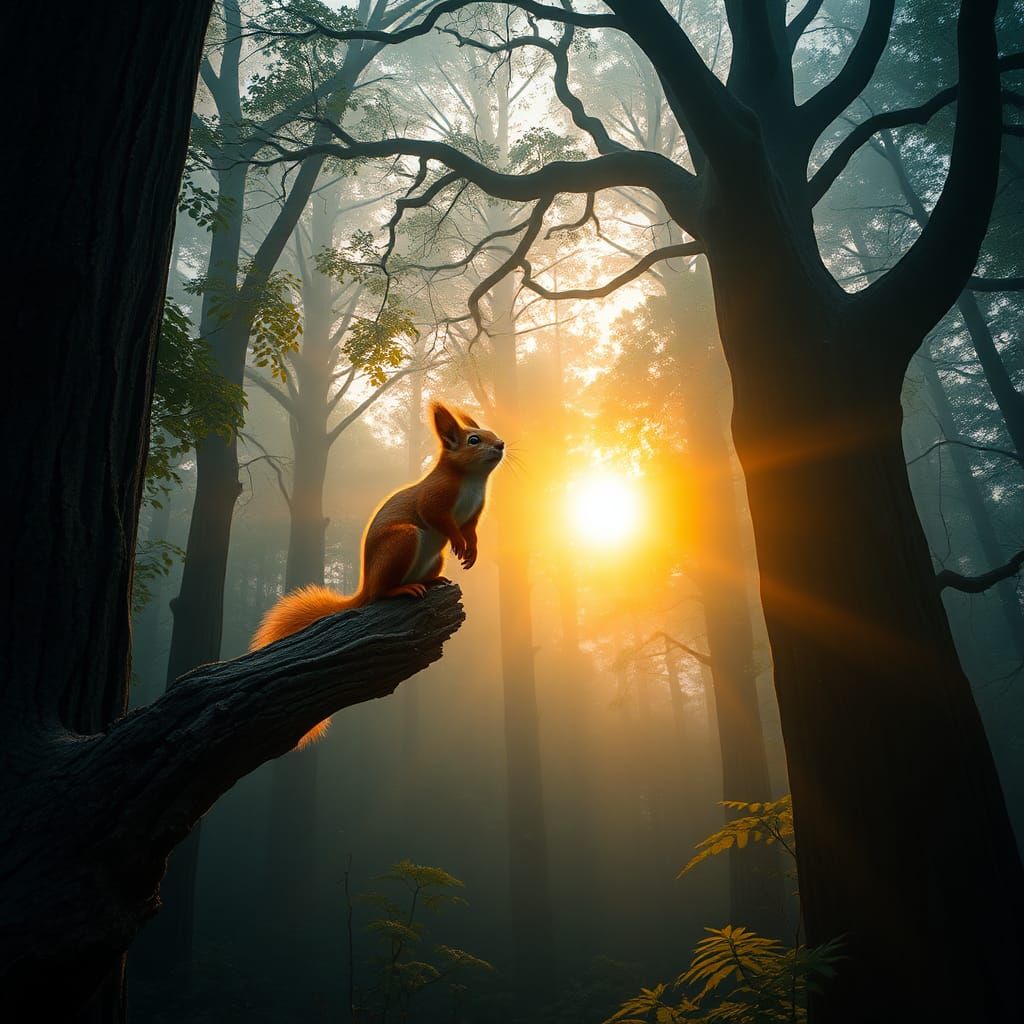 Fiery Red Squirrel Perched in a Misty Forest