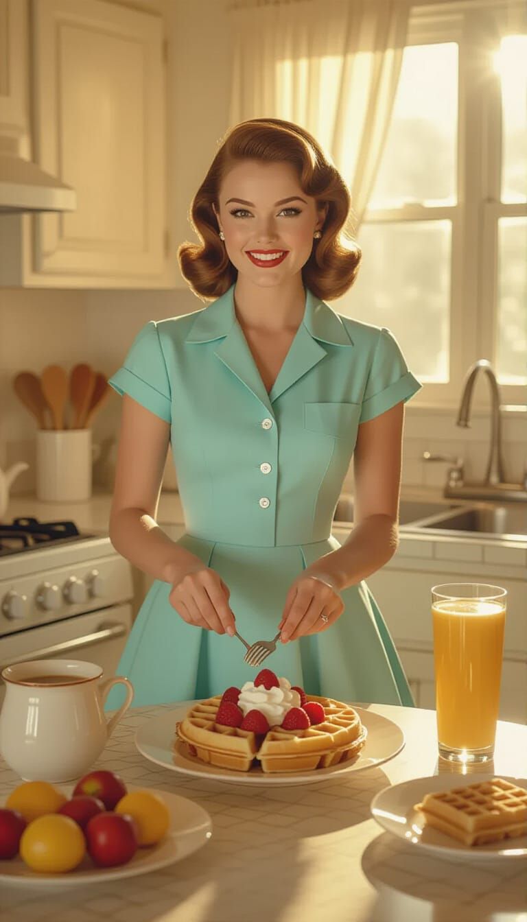 Tradwife Making Waffles in Sunlit 1950s Kitchen