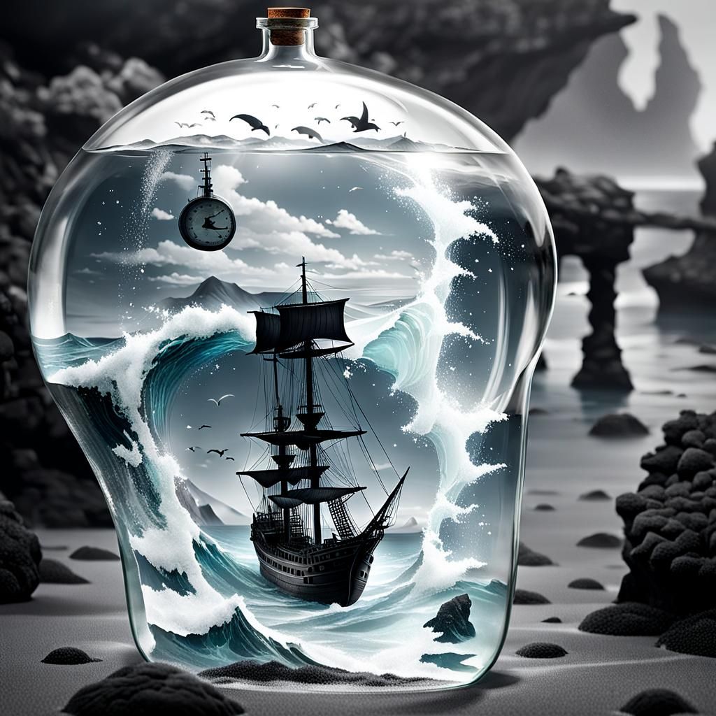 Ship in a Bottle Adrift at Sea