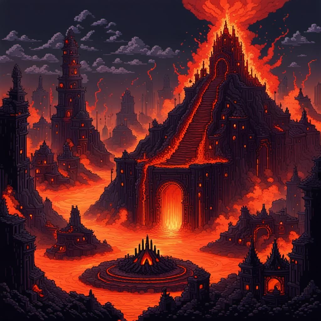 Infernal Lava City in 8-bit Pixel Art