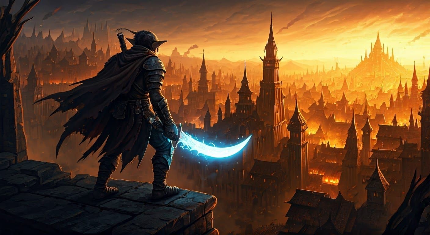 Fantasy Hobgoblin Overlooks Blazing Wooden City in Cinematic...