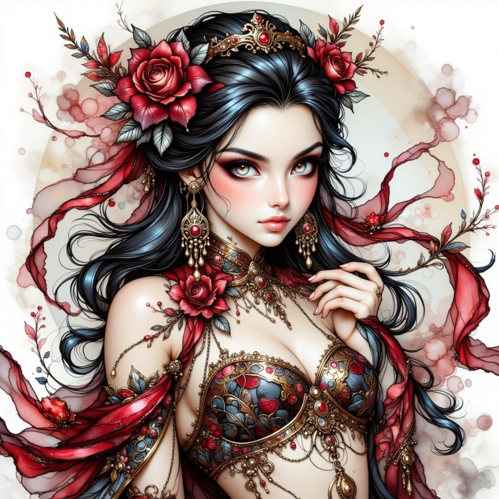 Anime Girl with Crinkled Metallic Alcohol Ink Splash