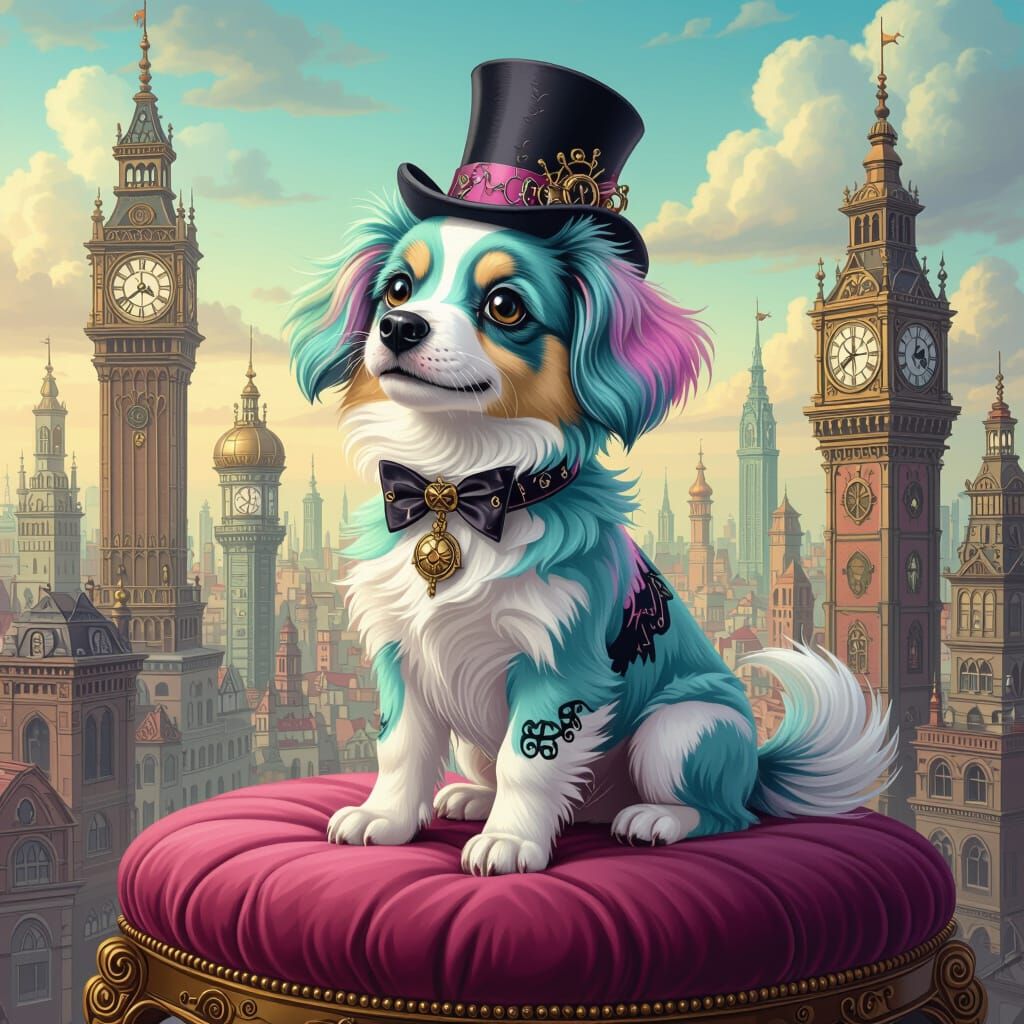 Gothic Pastel Dog in Surreal Clockwork Cityscape