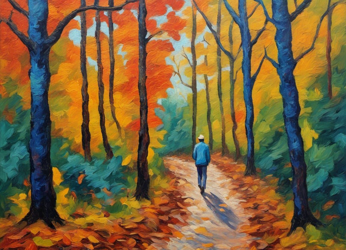 Autumnal Forest Hiker in Expressionist Oil Painting
