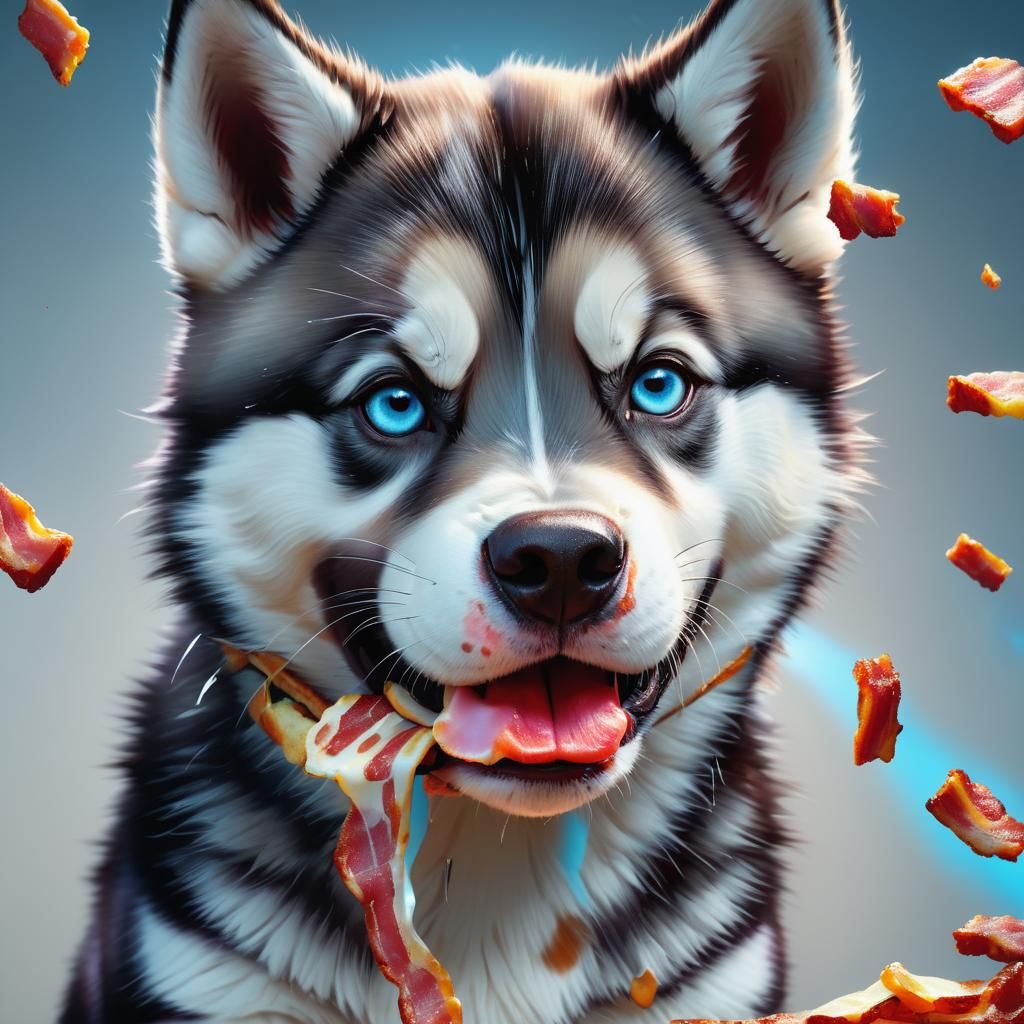 Husky Puppy with Bacon: Hyper-Realistic Concept Art