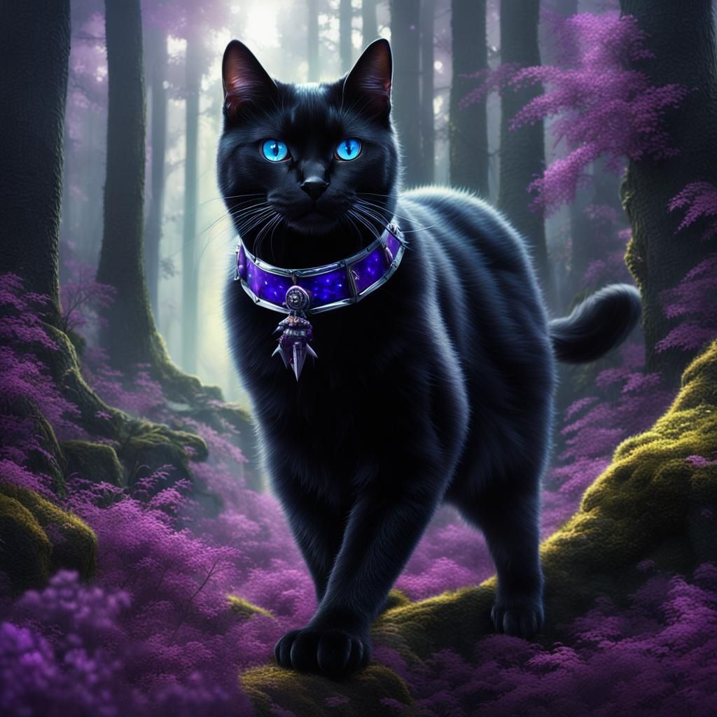 Black Cat with Blue Eyes in Forest, Digital Painting