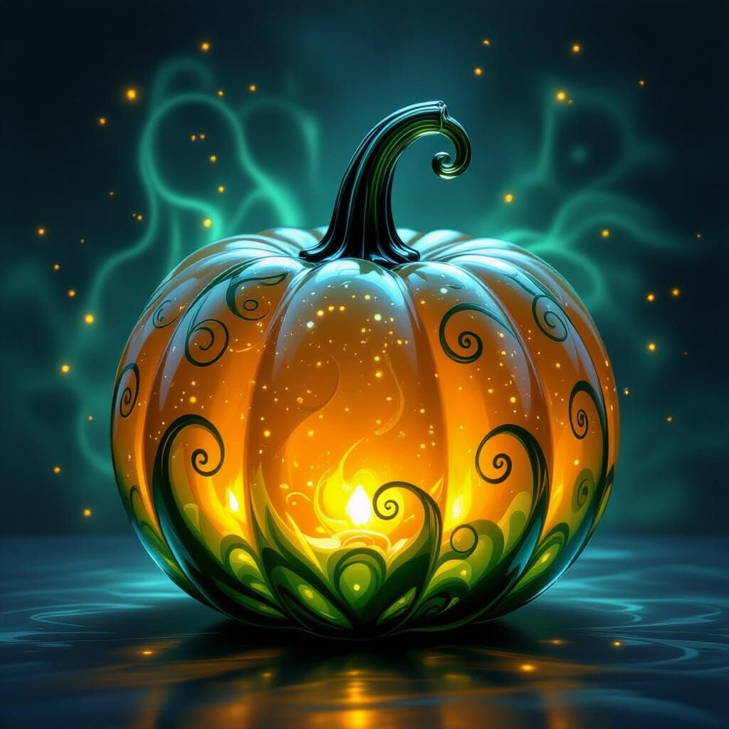Ethereal Glass Pumpkin with Green Swirls
