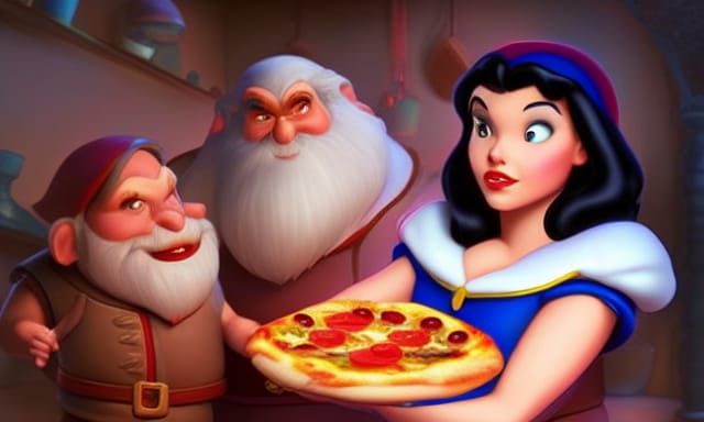 Snow White Serves Pizza in Tavern, Cartoon Style
