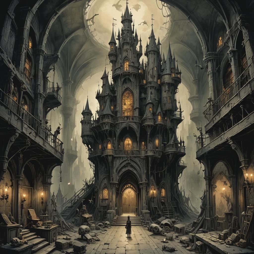Dark Castle Interior in Whimsical Horror Style