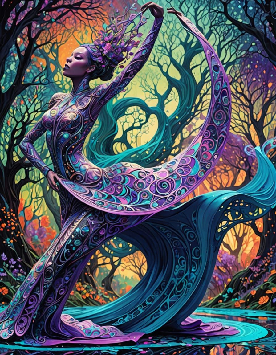 Ethereal Dancer in Cosmic Forest Wonderland
