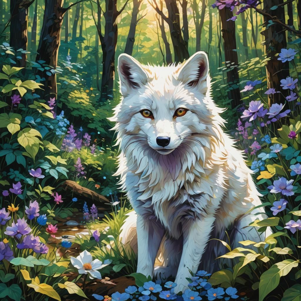 Iridescent White Fox in Lush Forest, Splash Art