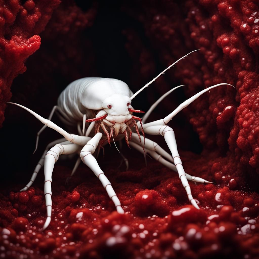 Monstrous White Bug Crustacean in Red Cave