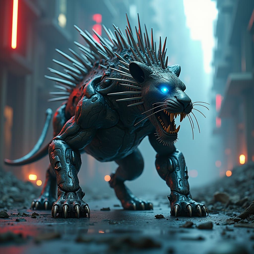 Cybernetic Lion-Porcupine Fusion in Dystopian Landscape