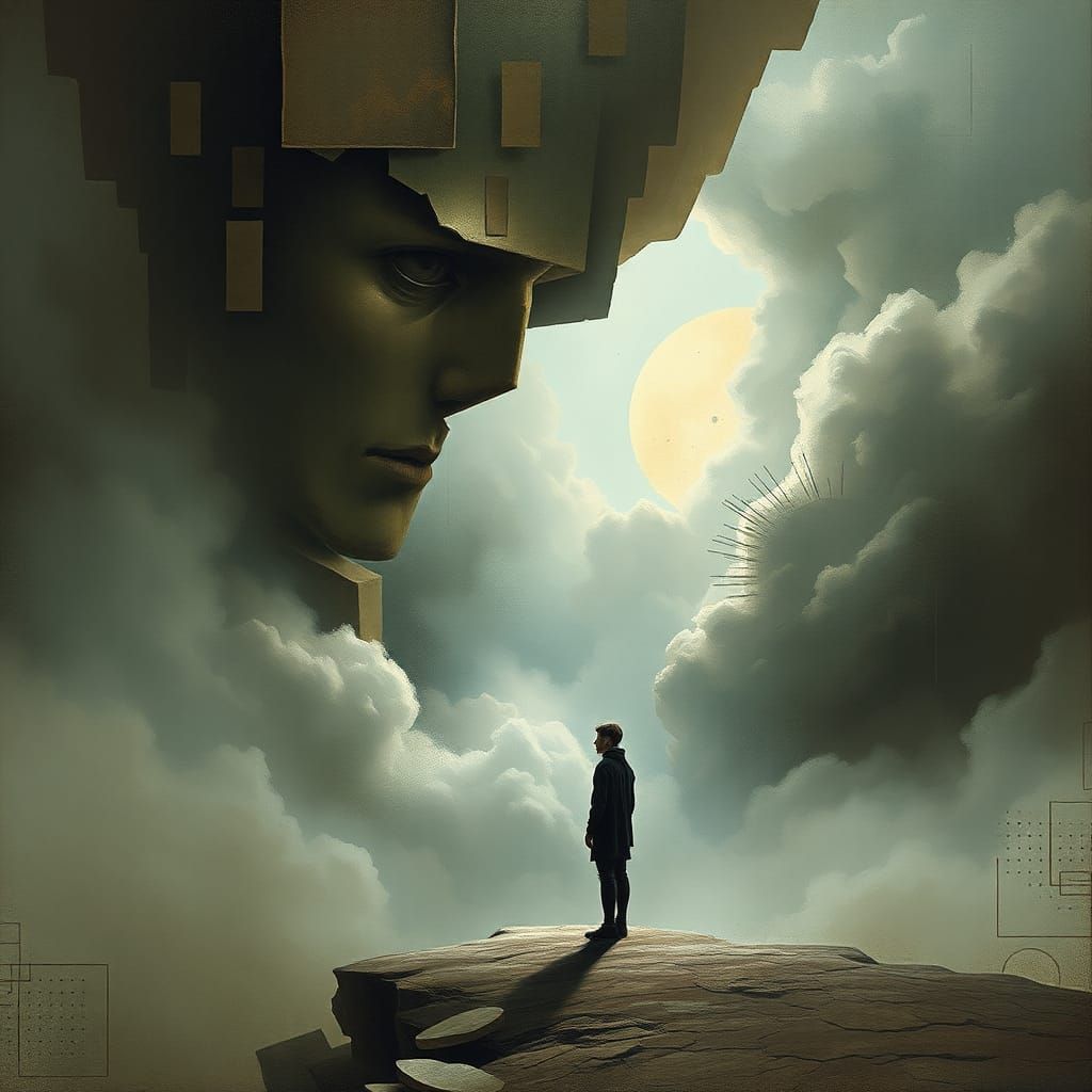 Dreamlike Figure in Cubist, Futuristic Landscape