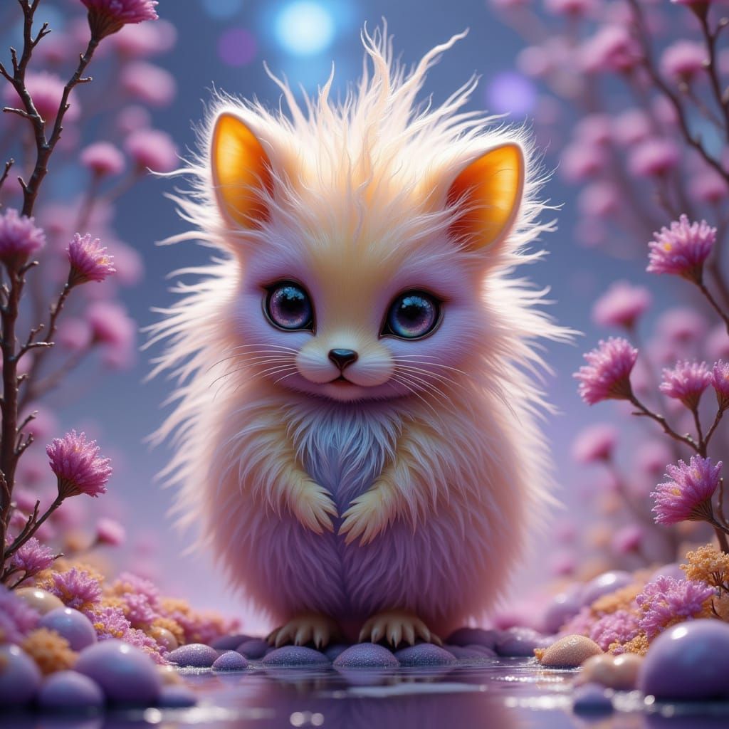 Fluffy Iridescent Mammal in Ethereal Environment