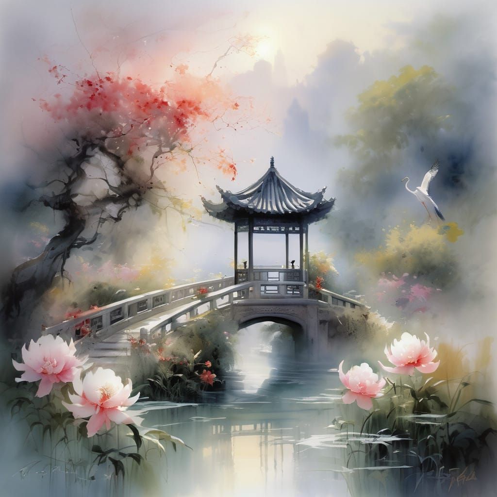 Ancient China Imperial Garden Scene in Dreamy Pastel Hues