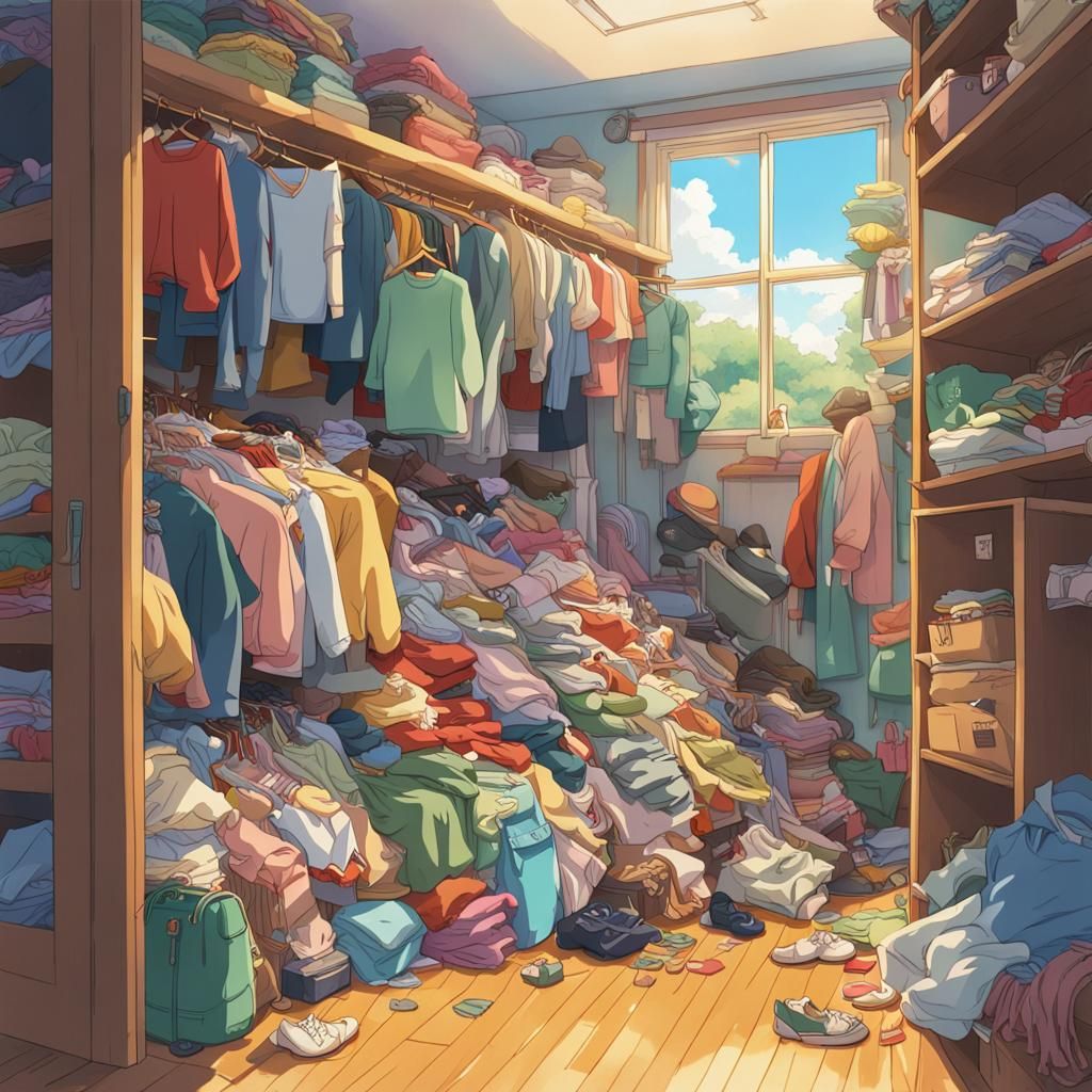 Clothes Overflow in Ghibli-Style Anime Bedroom